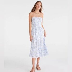 Aeropostale Strapless Smocked Blue and White Floral Maxi Dress Farmhouse Sz L